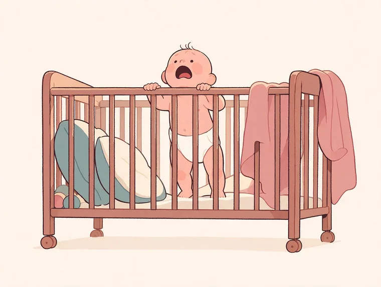 Ilustração: bebê de pé no berço chorando, agarrado às grades, com a mão da mãe alcançando