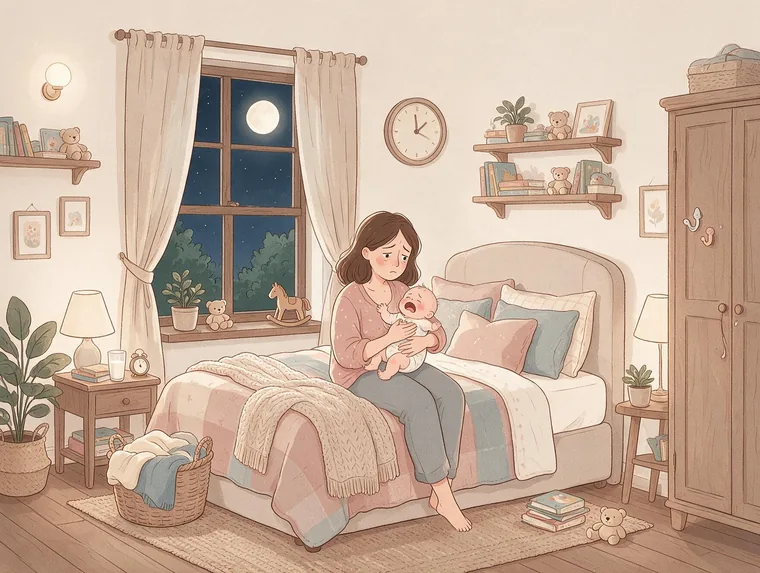 Ilustração: mãe exausta sentada na cama de madrugada com o bebê chorando no colo