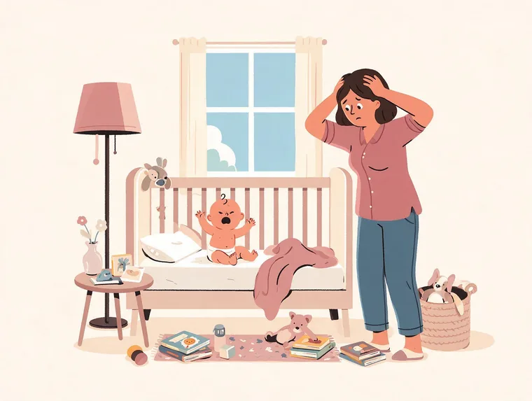 Ilustração: bebê acordado e chorando no berço de dia, mãe ao lado com as mãos na cabeça
