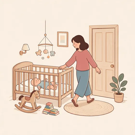 Ilustração: mãe se afastando do berço com o bebê calmo