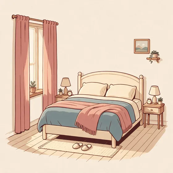 Ilustração: cama de casal arrumada ao amanhecer