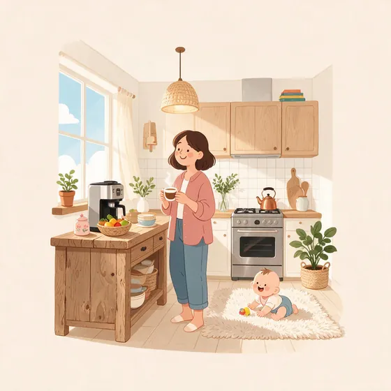 Ilustração: mãe descansada na cozinha de manhã com um café