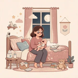 Ilustração: mãe exausta na cama de madrugada com o bebê chorando