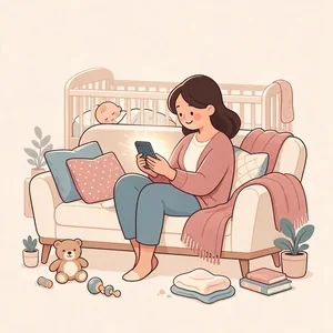Ilustração: mãe assistindo no celular ao plano gravado para o bebê dela