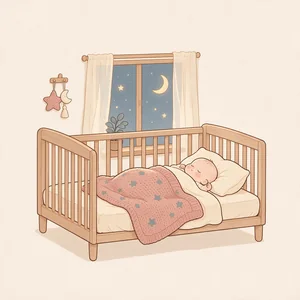 Ilustração: bebê dormindo tranquilo no berço à noite